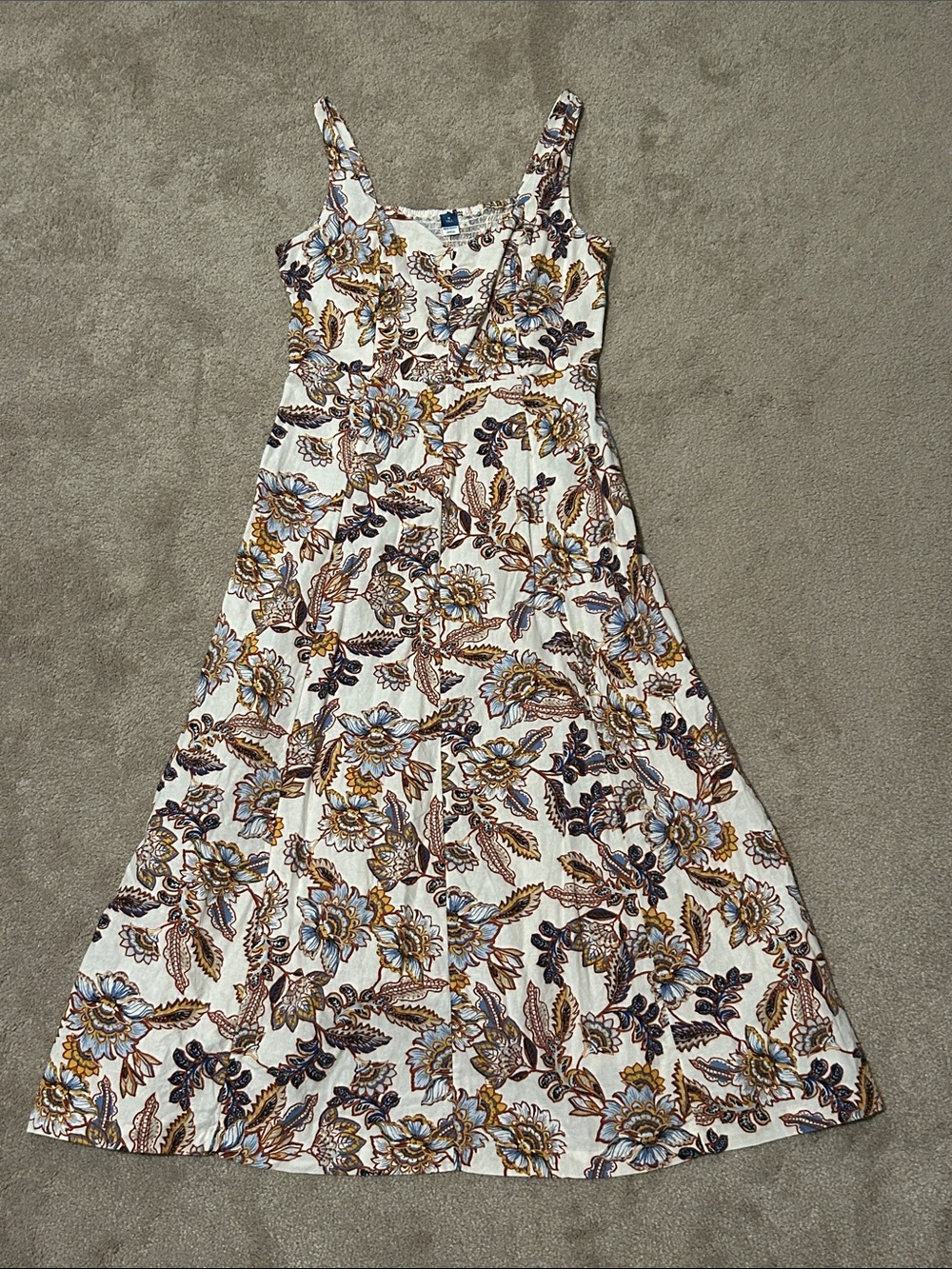 Floral Sleeveless Midi sun Dress Off-White with Blue & Brown Floral Print